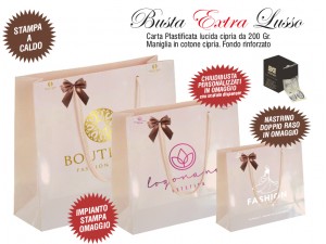 BUSTE IN CARTA LUSSO CIPRIA PLASTIFICAZIONE LUCIDA EXTRA impianto stampa, chiudibusta e nastrino doppio raso omaggio 